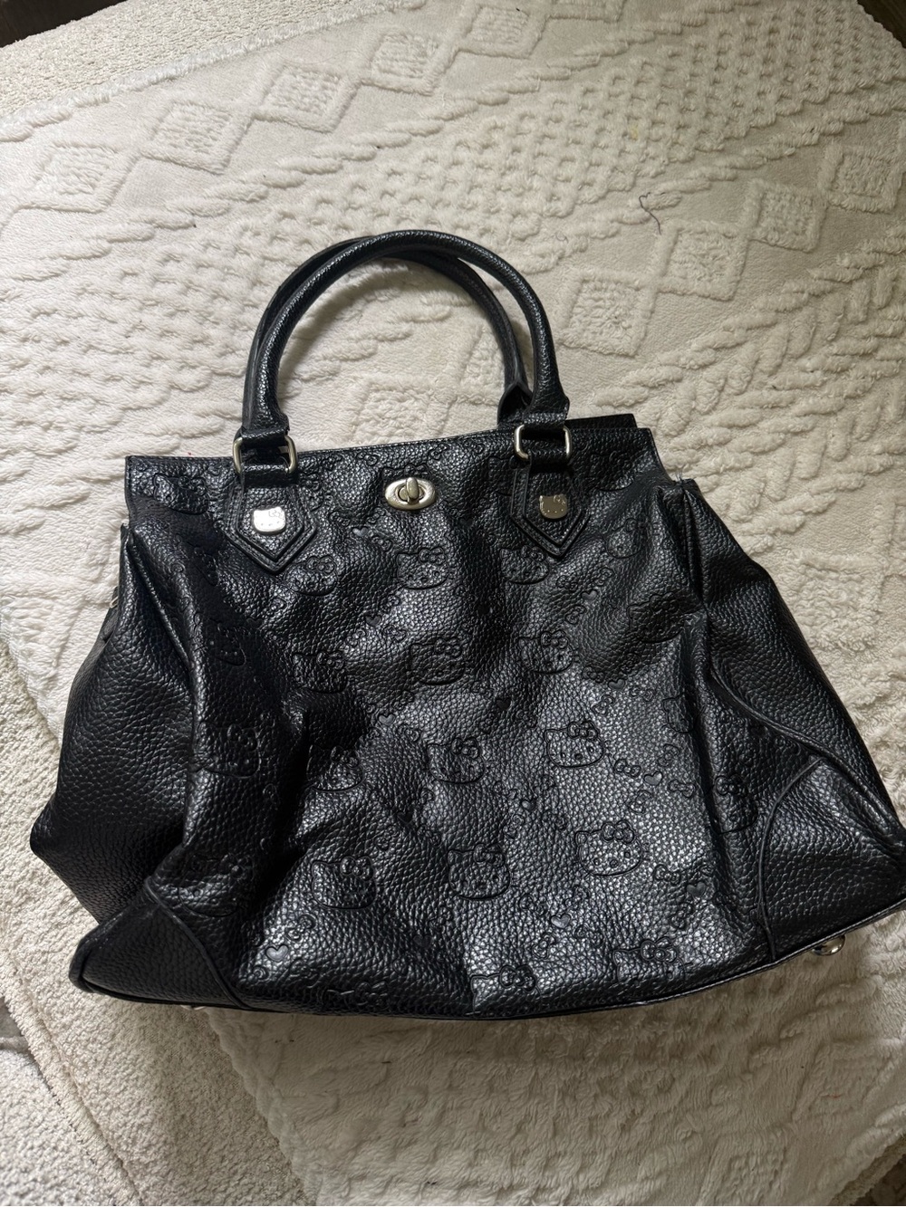 Black Embossed Hello Kitty Leather Tote Handbag